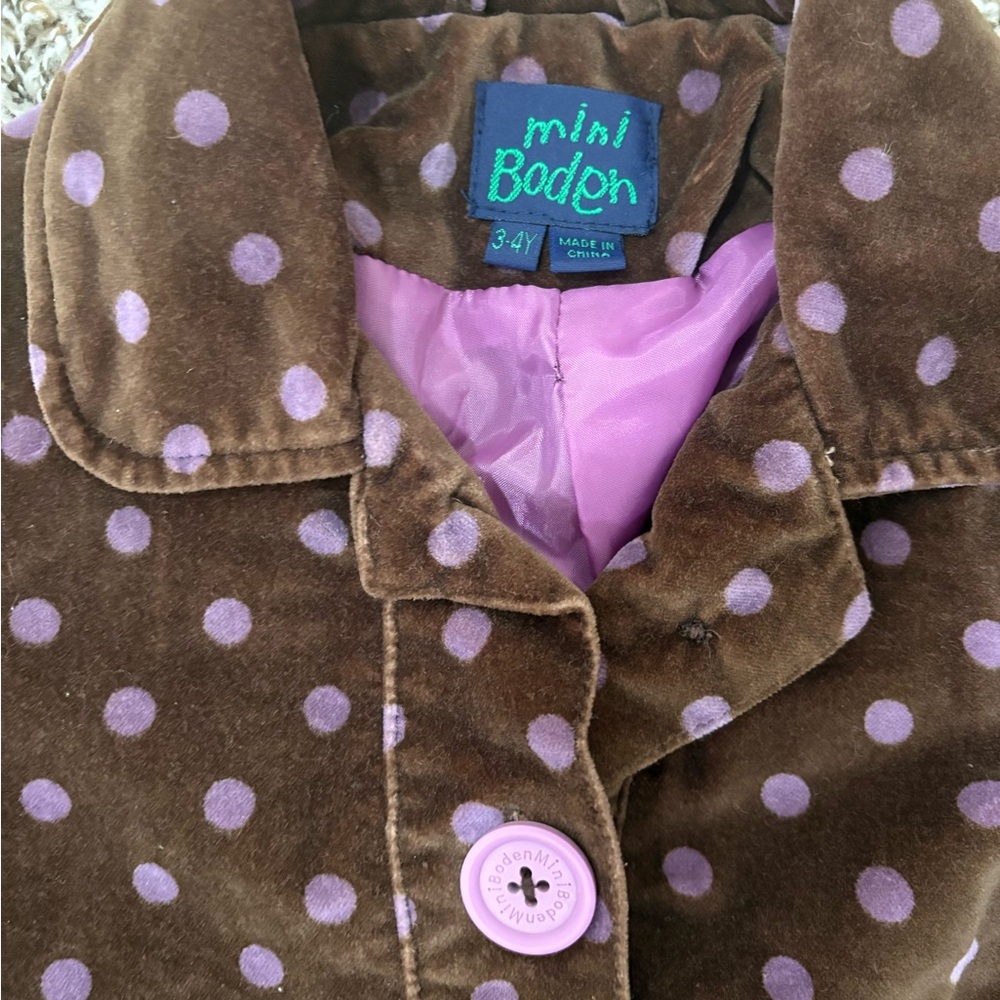 Mini Boden Brown Coat with Purple Polka Dots - Picture 3 of 5